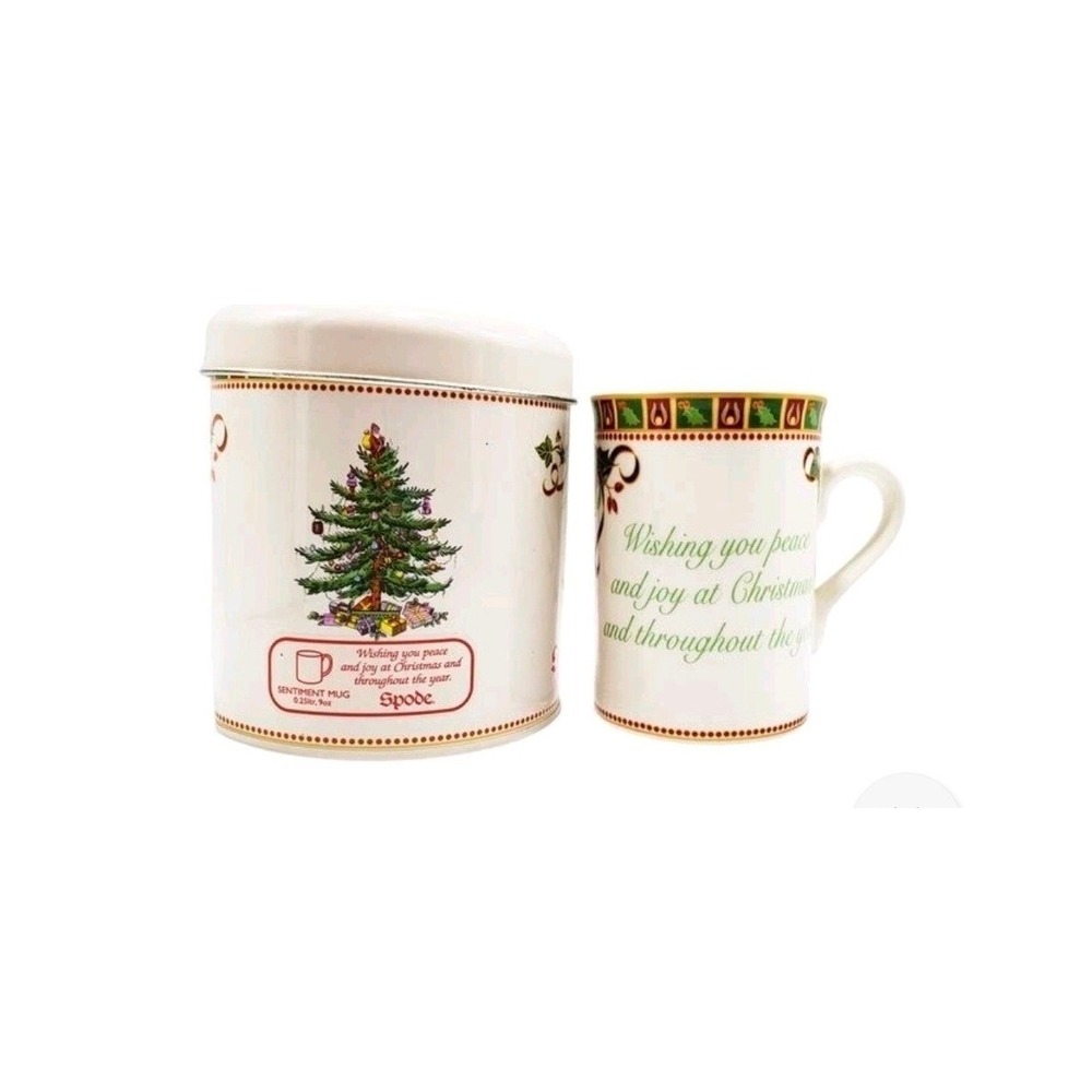 Spode Christmas Tree Mug and Matching Storage Tin Holiday Gift Set White Green